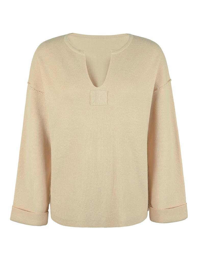 SOLID COLOR V-NECK PULLOVER ROLL SLEEVE SWEATER
