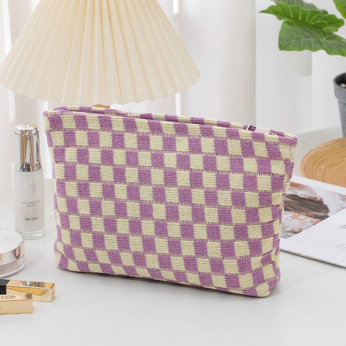 KNITTED CHECKERBOARD MAKEUP BAG PEN BAG_CWAB1210