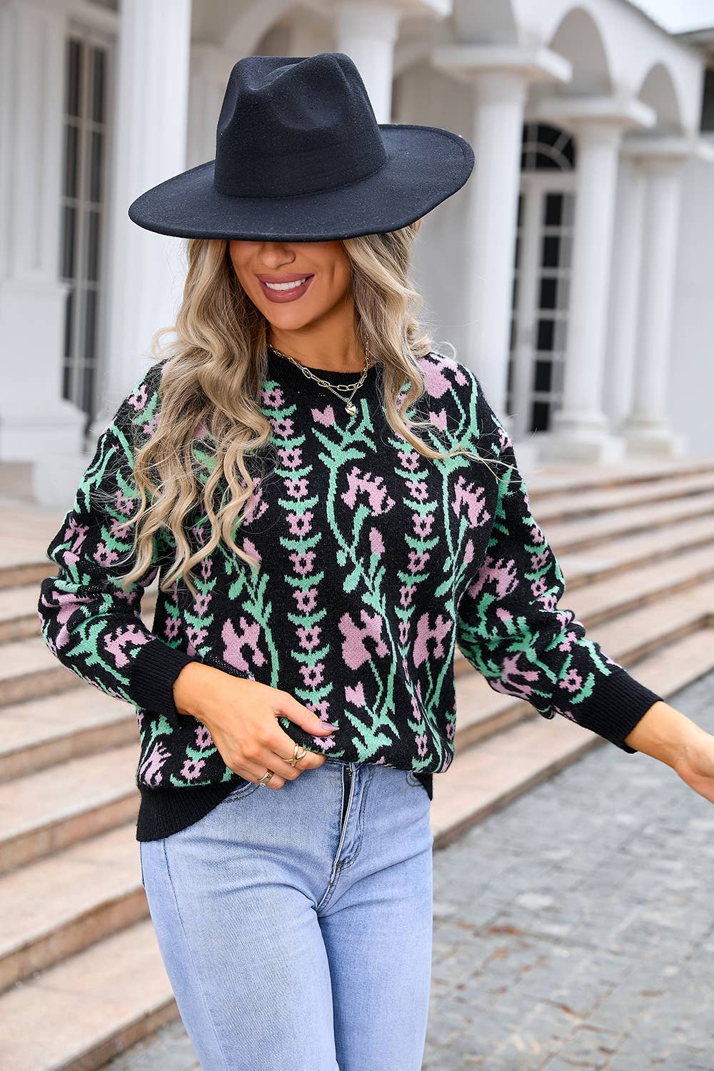 JACQUARD ROUND NECK FLOWER KNIT FASHION SWEATER
