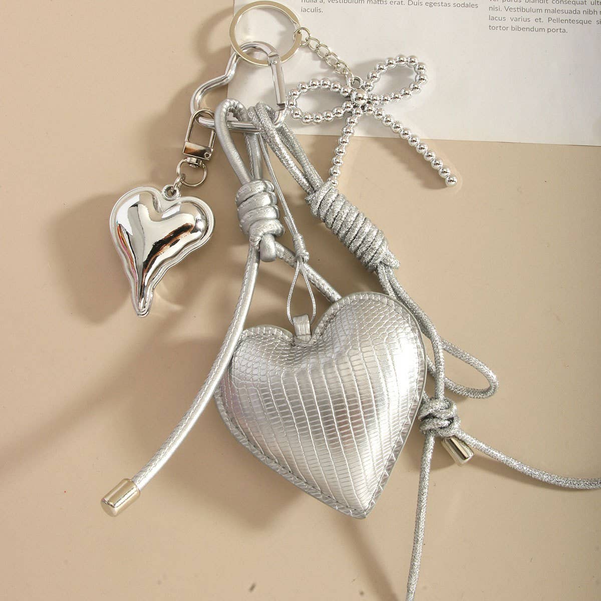 Elegant Silver Heart & Bow Bag Keychain