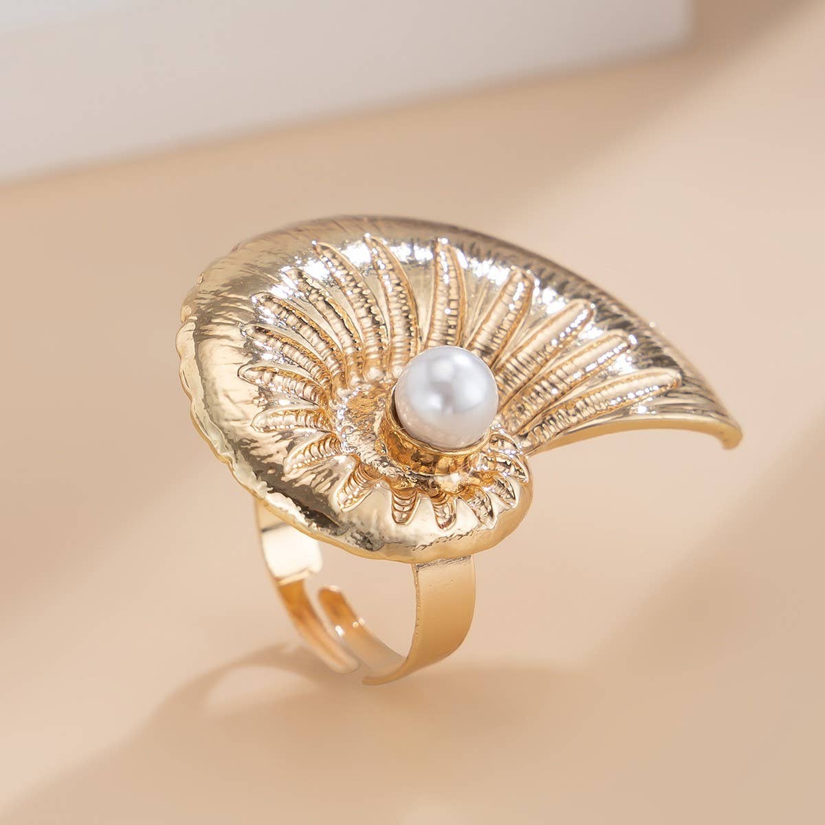 NEW BEACH IMITATION PEARL ADJUSTABLE ALLOY RING