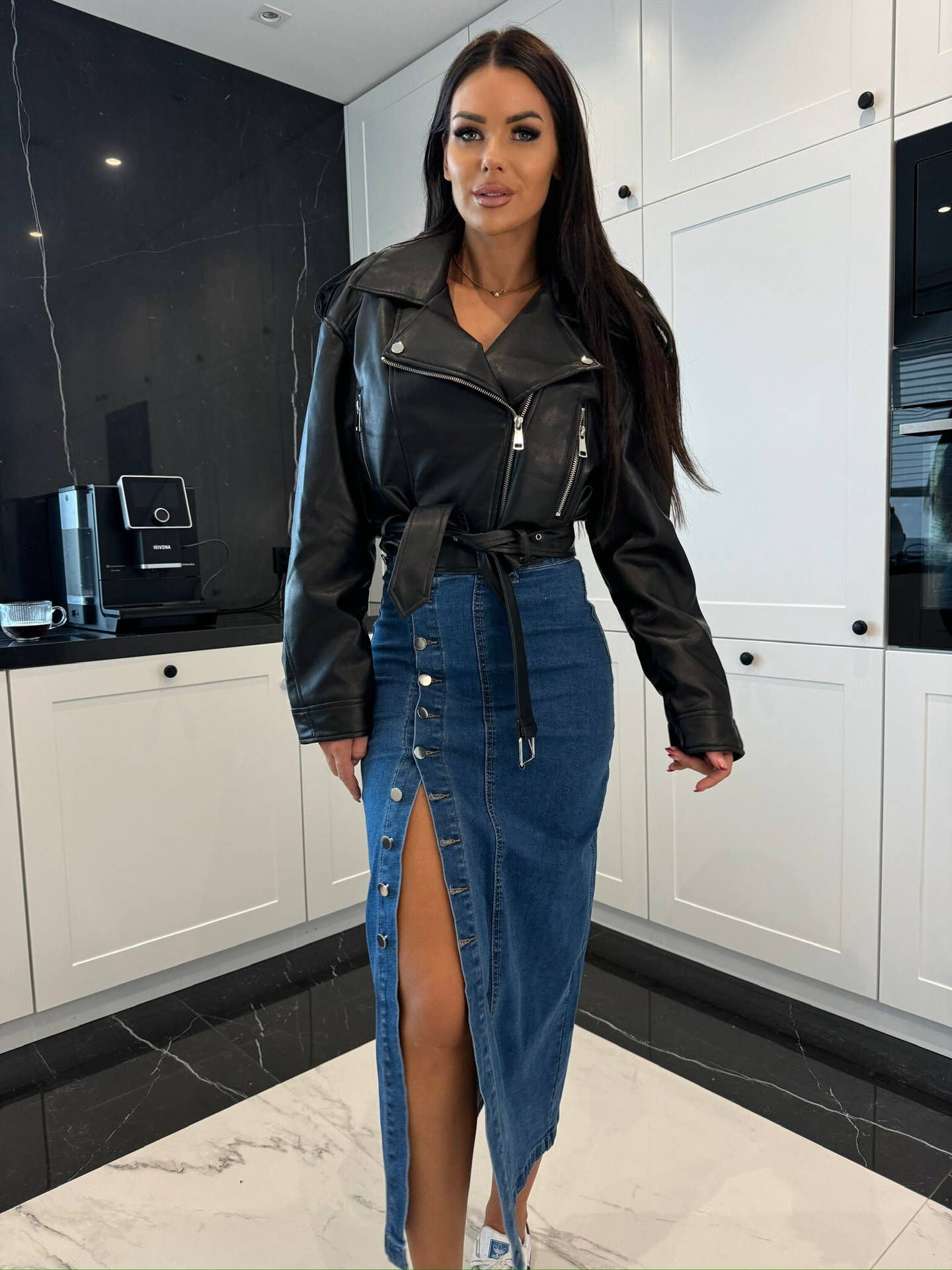 Buttoned asymmetrical high-waisted denim skirt