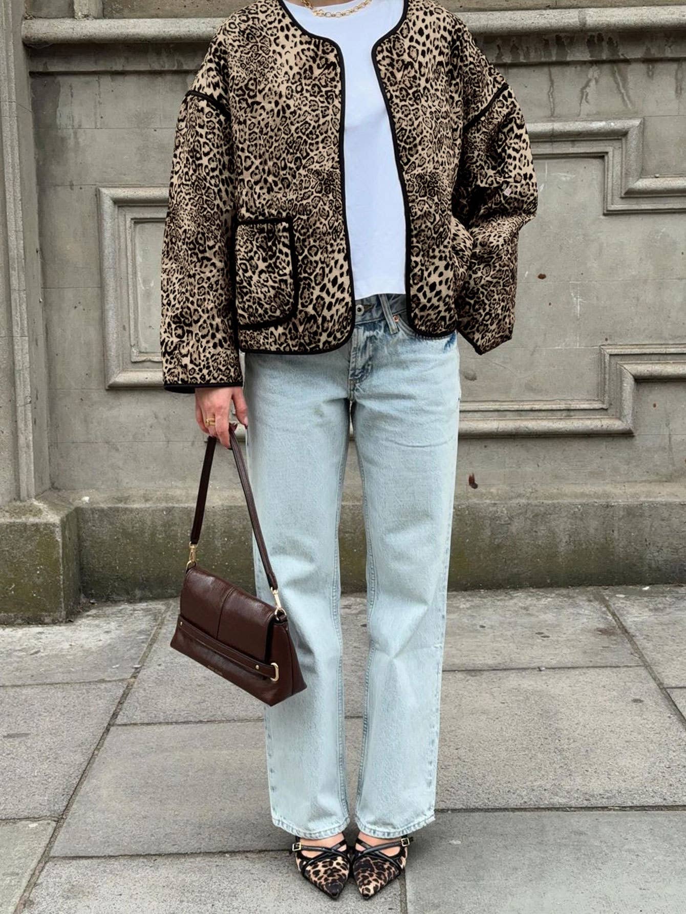 VINTAGE LEOPARD PRINT CREW-NECK UNBUTTONED JACKET