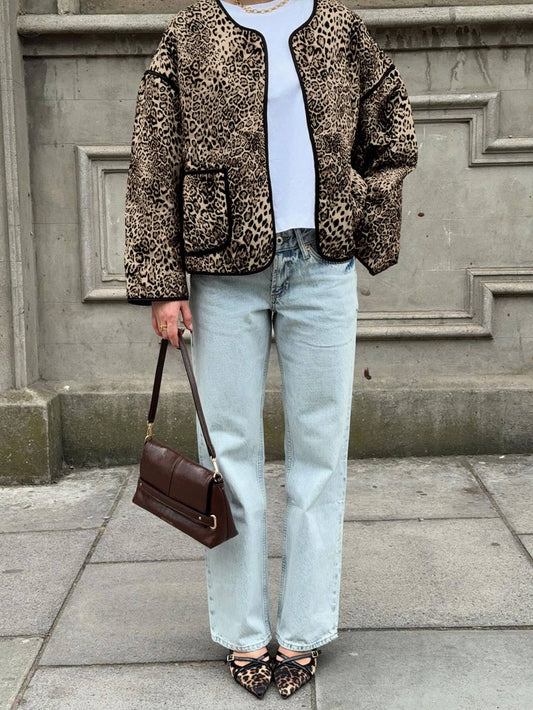VINTAGE LEOPARD PRINT CREW-NECK UNBUTTONED JACKET