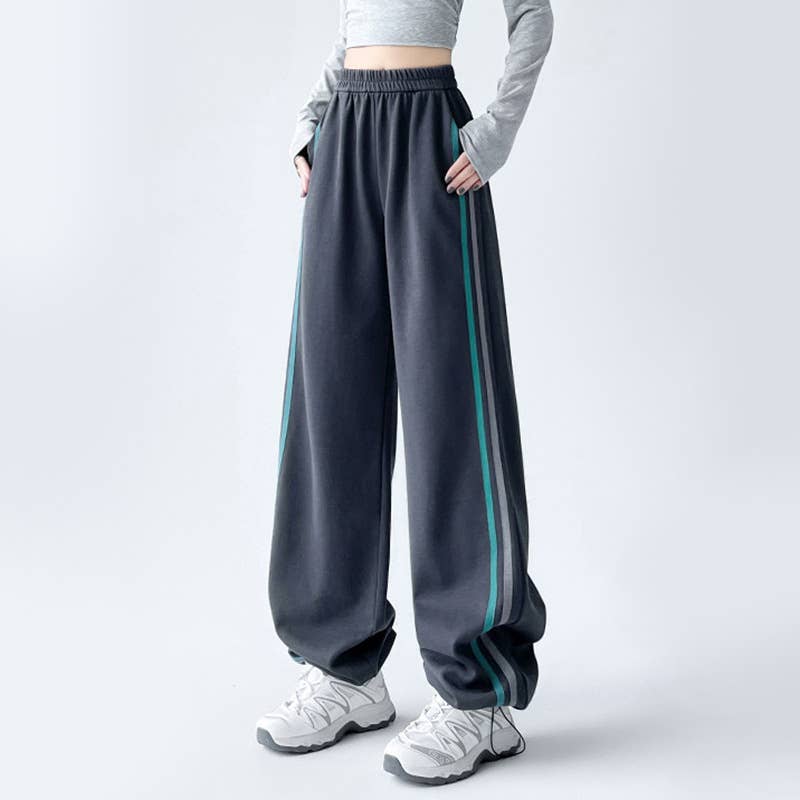ATHLEISURE STRIPED HIGH WAIST STRAIGHT LEG SLACKS