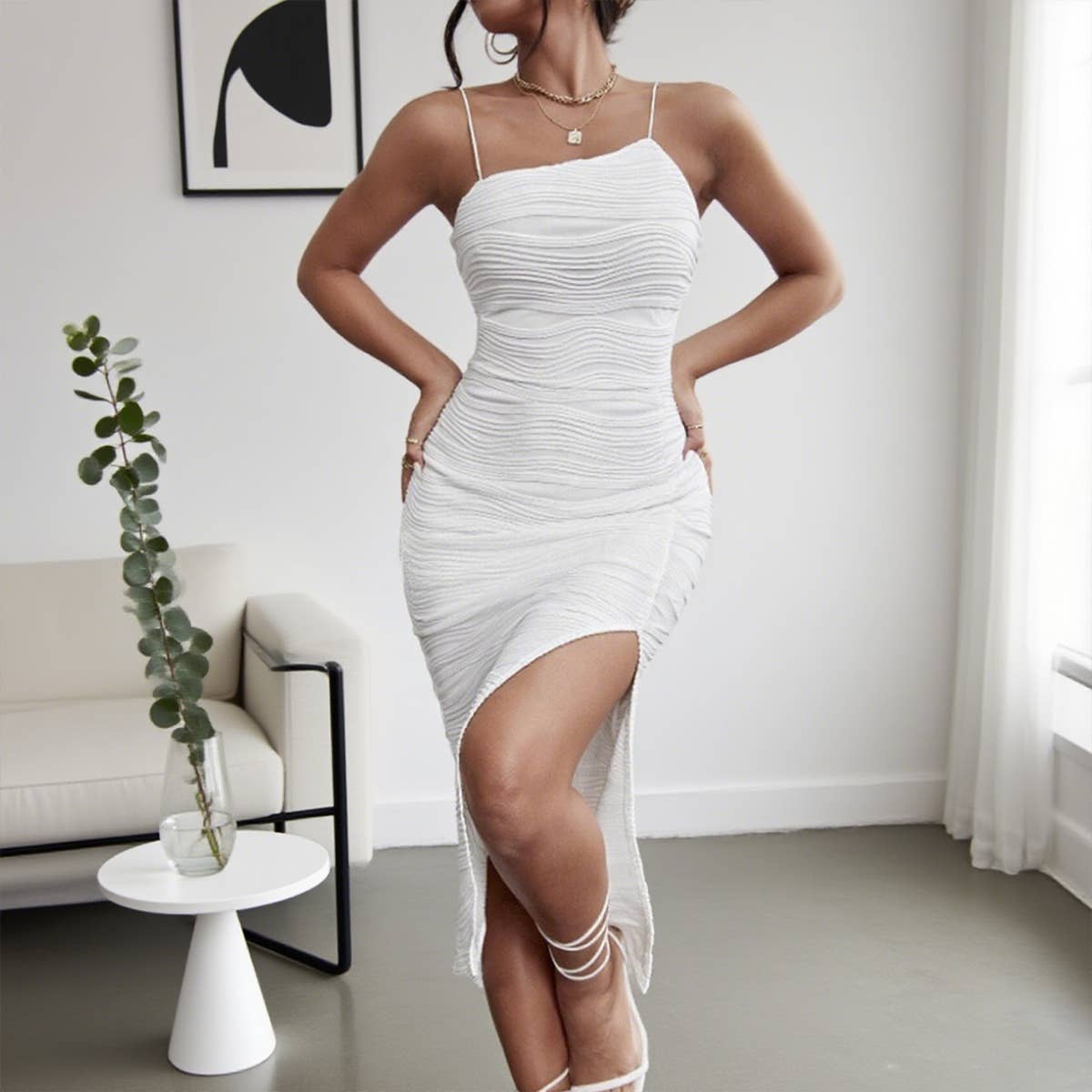 Water ripple sexy slimming slit halter dress