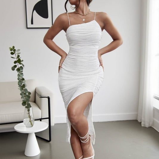 Water ripple sexy slimming slit halter dress