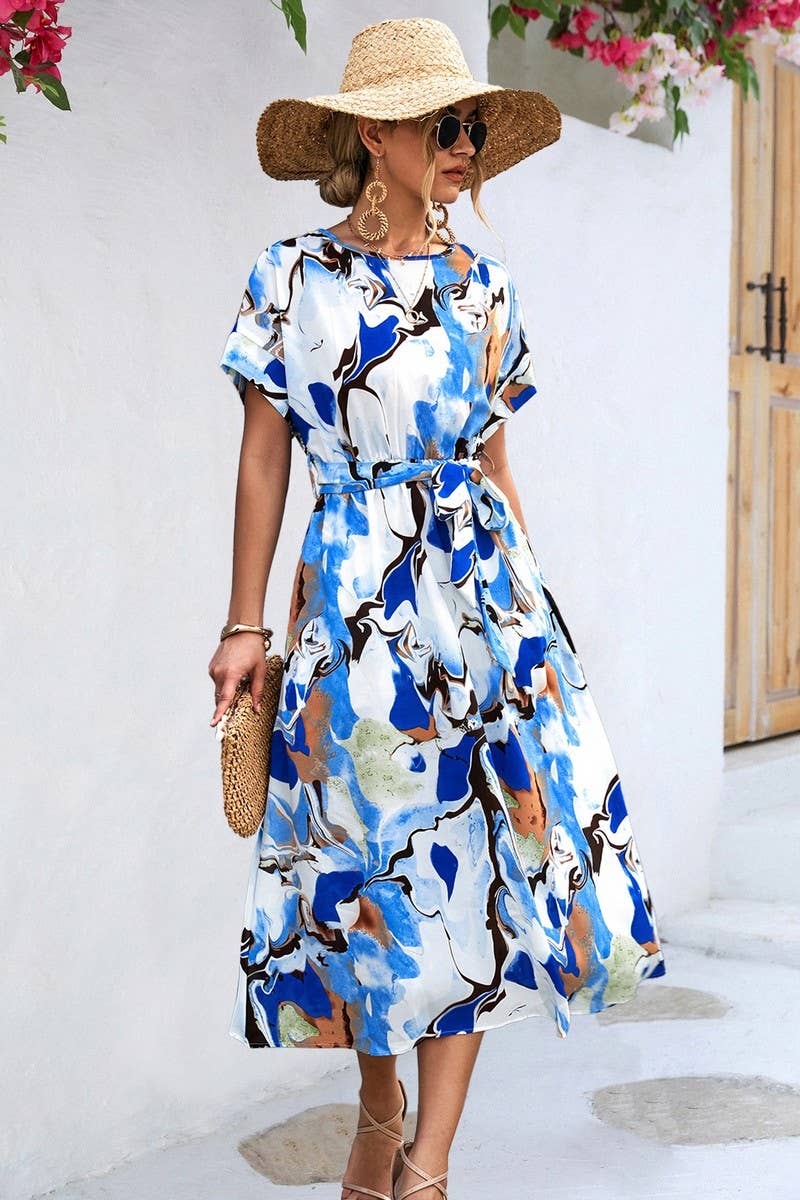 CWDMD2770_ROUND NECK PRINTED LACE-UP MAXI DRESS