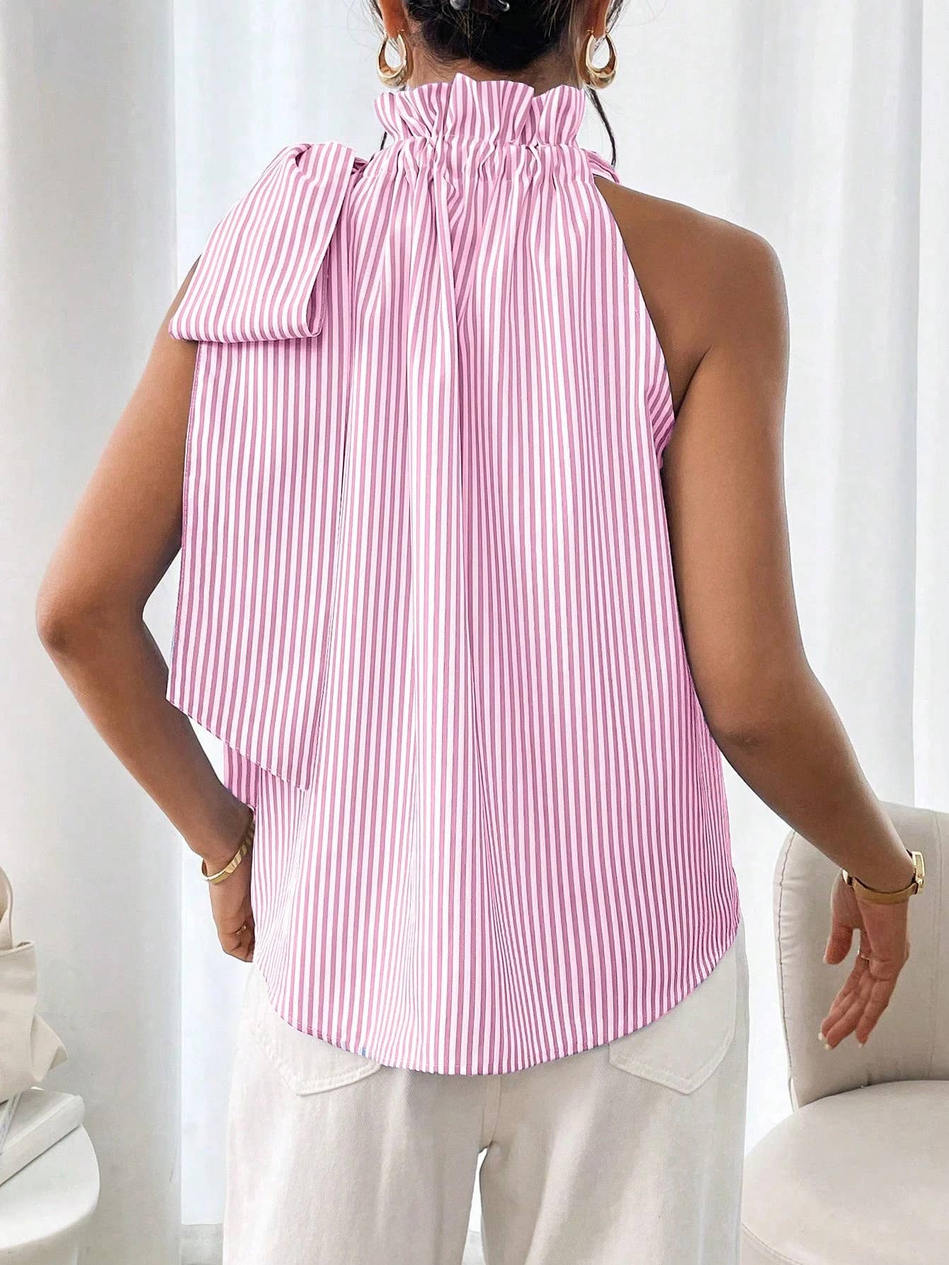 Fashion striped lace high-neck knot-tied T-shirt