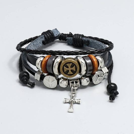 CREATIVE BEADED CROSS LEATHER BRACELET