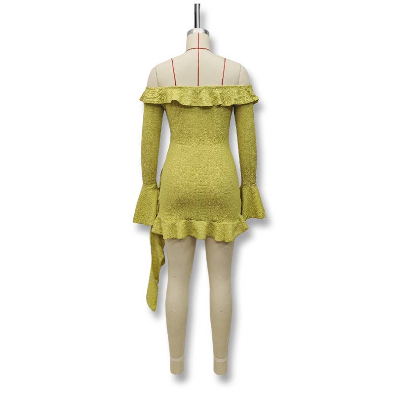 One-shoulder ruffled flared sleeve ribbon dress