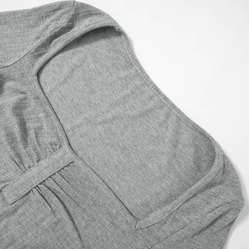 SOLID COLOR SQUARE NECK PLEATED CROP CASUAL TOP