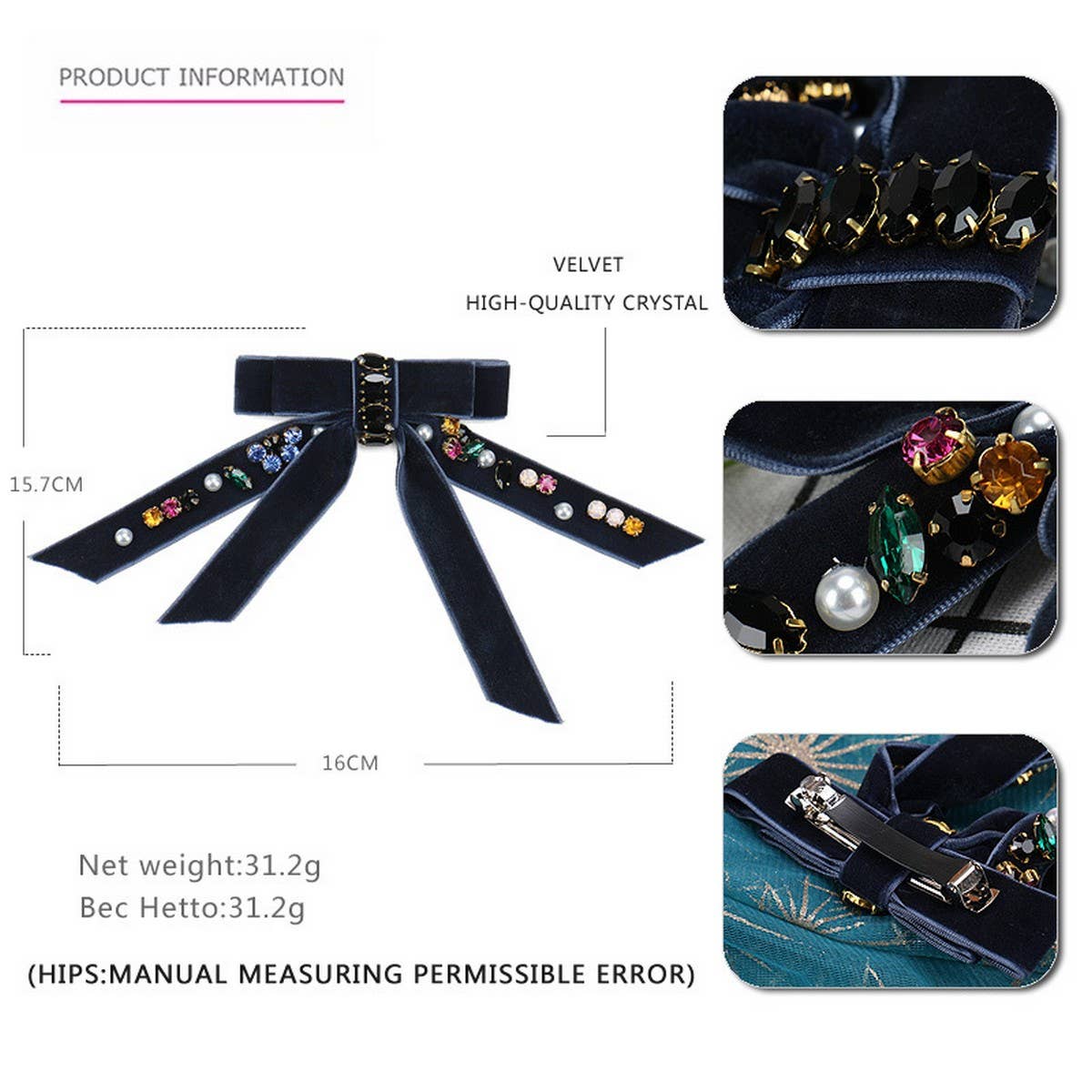 VELVET BOW PERSONALIZED DIAMOND PEARL HAIRPIN