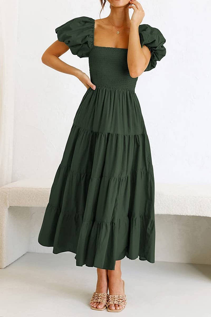 CWDTD0360_SQUARE NECK OFF SHOULDER PUFF SLEEVE DRESS