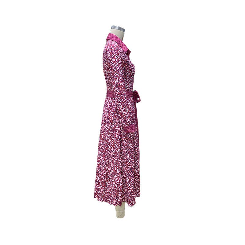 PRINTED LONG-SLEEVED LAPEL LACE-UP DRESS