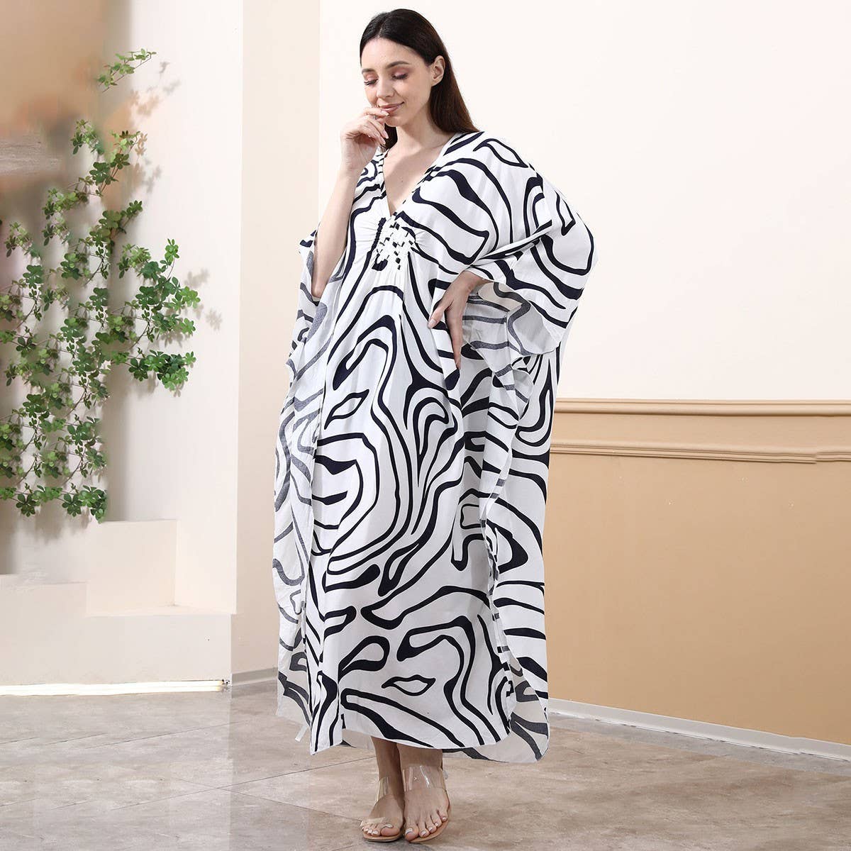 Zebra Print Rayon Beach Cover-Up with Woven Front_CWMM6158