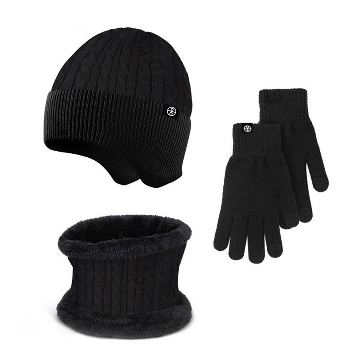 WINTER OUTDOOR FLEECE KNITTED HAT THREE PIECE SET