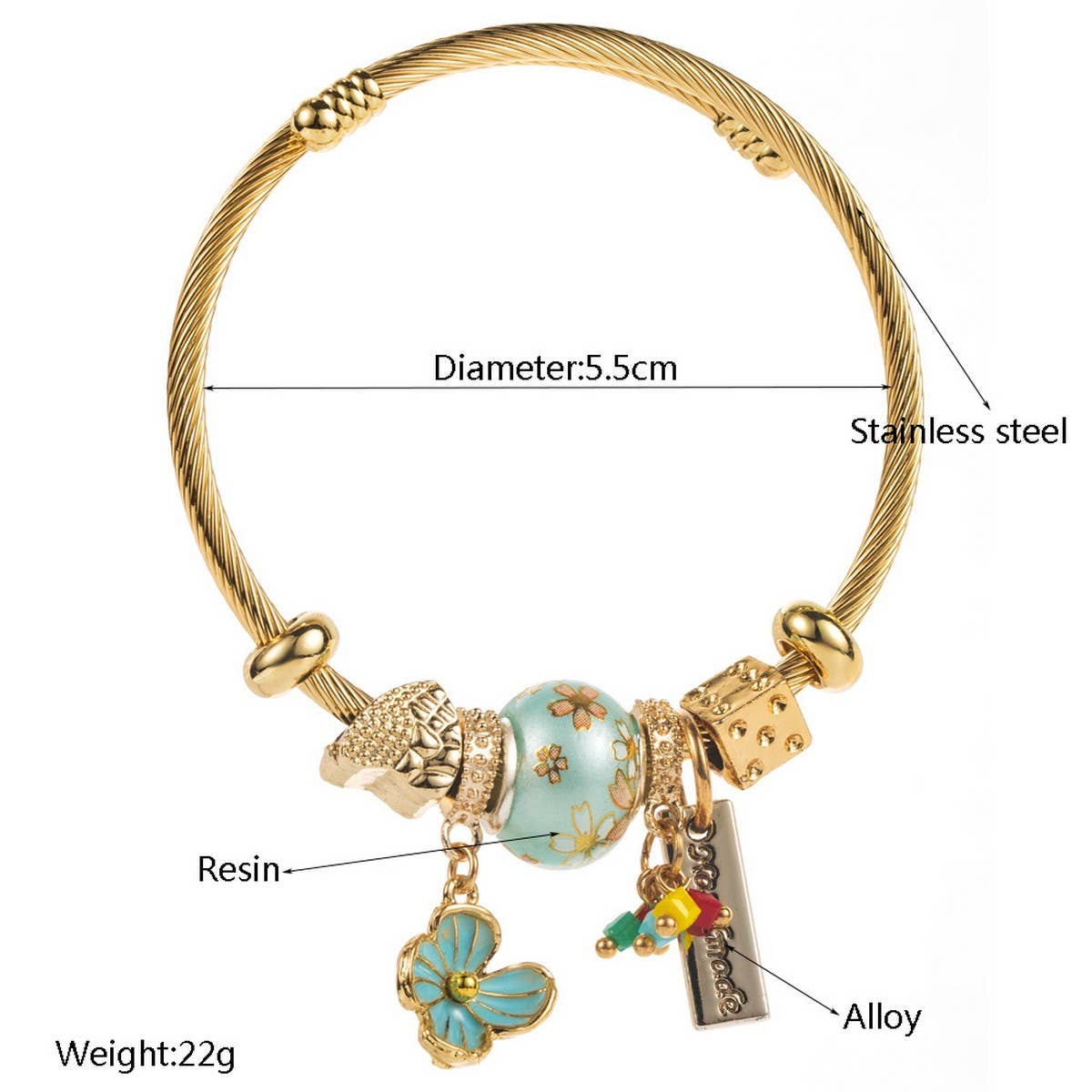 Trendy Beaded Steel Bracelet with Flower Charm