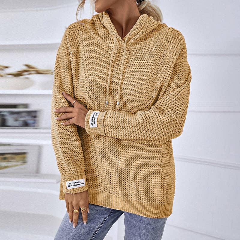Solid color hooded drawstring knit sweater