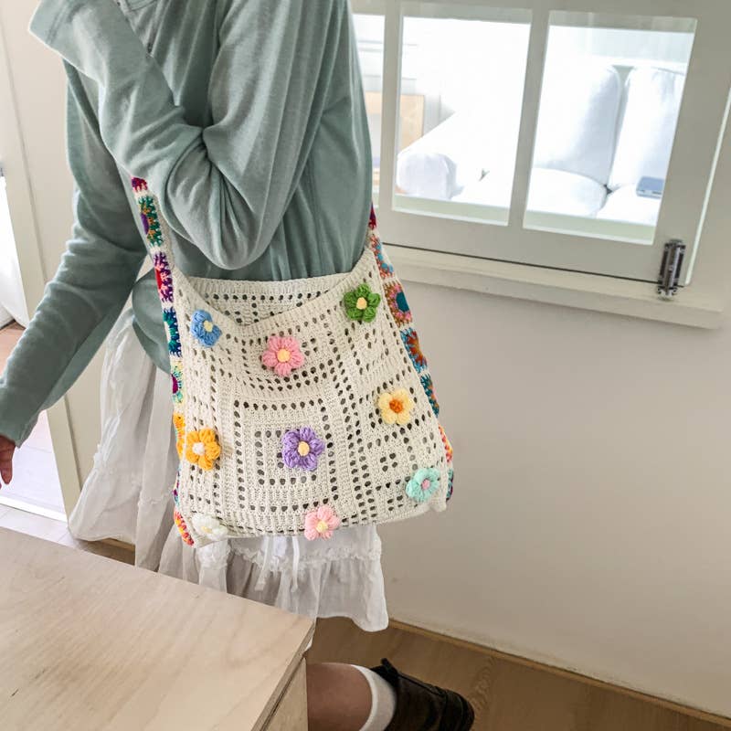 Ethnic-style artistic flower patchwork knit bag