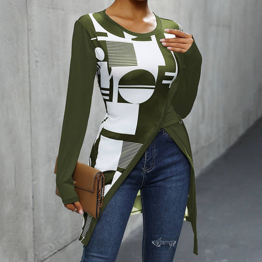 ELEGANT GEOMETRIC PRINT SLIM SLIT T-SHIRT