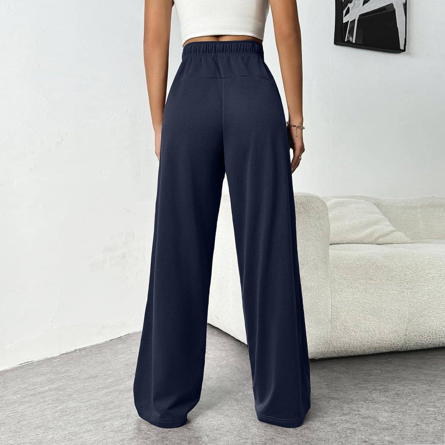 SOLID COLOR ELASTIC WAIST SLIM STRAIGHT LEG PANTS