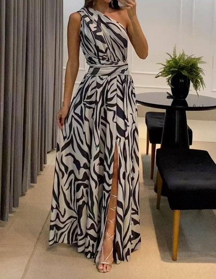 Backless one-shoulder sleeveless print long dress