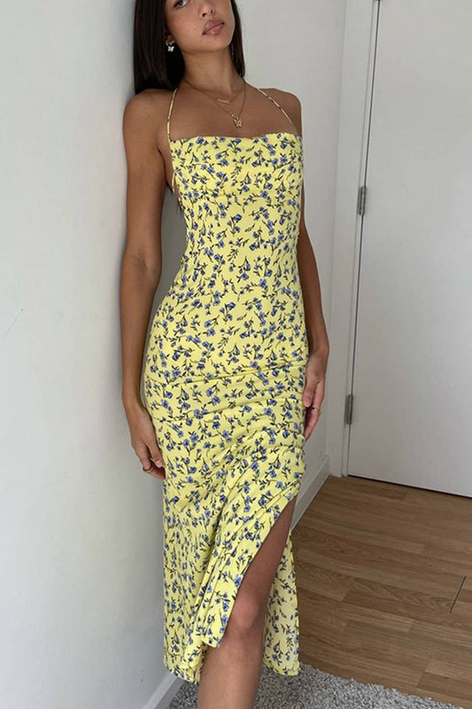 CWDHL0631_FLORAL SUSPENDER SKIRT SLIT BACKLESS SEXY DRESS