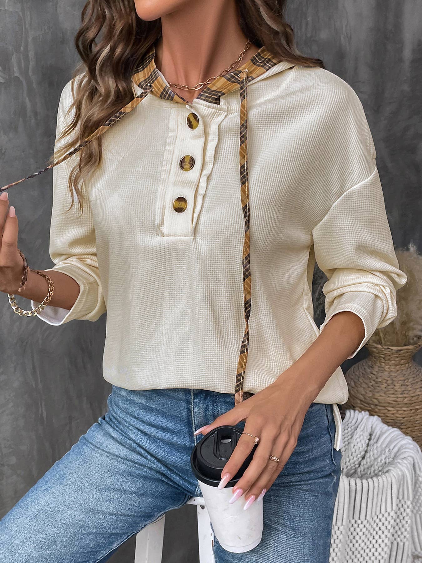 SPLICED PLAID LONG-SLEEVED HOODED PULLOVER HOODIE