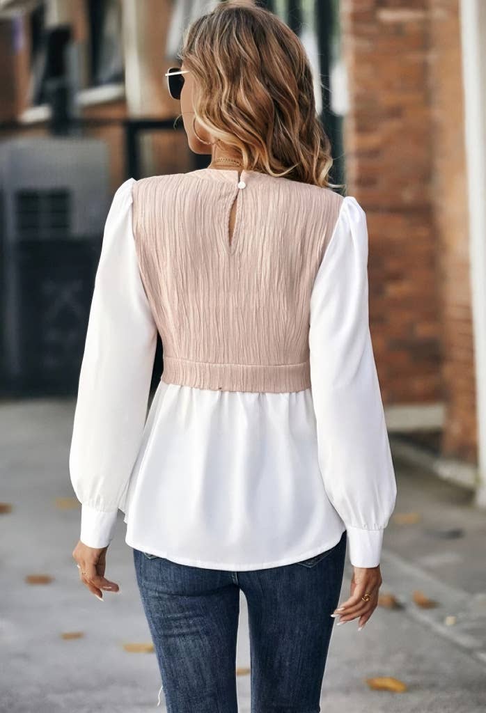 Round-neck wavy striped patchwork shirt