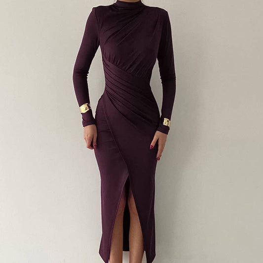 Slim-fit long-sleeved dress with half high neck and slit