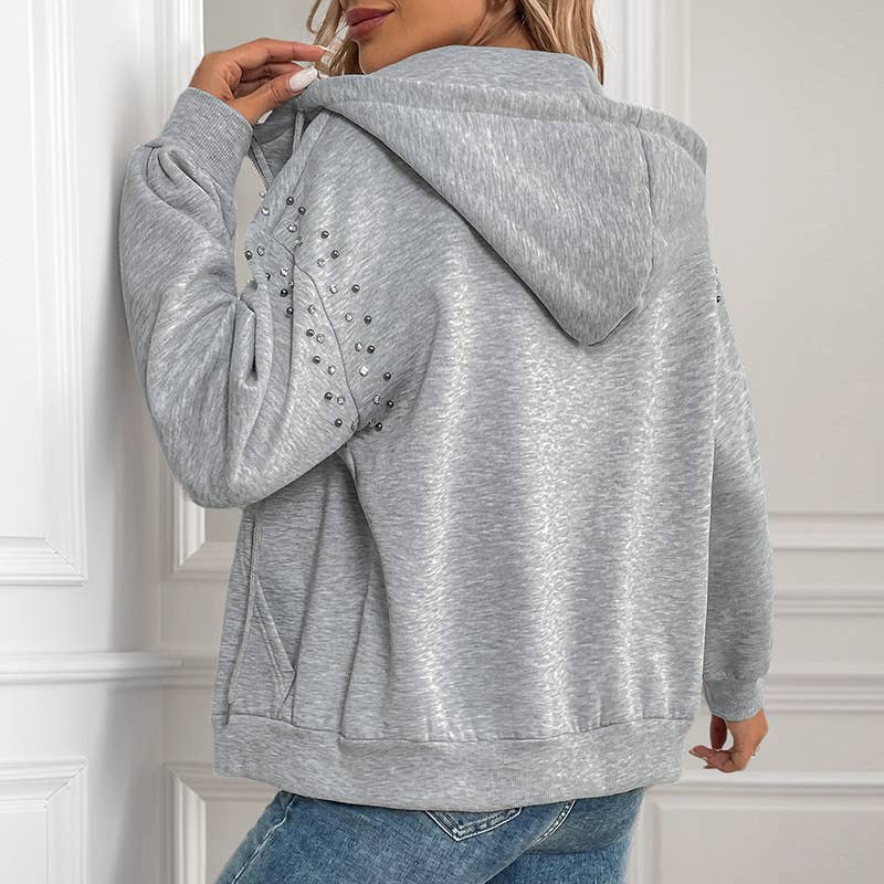 HOODED SOLID COLOR RIVET CASUAL FASHION COAT