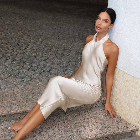 Solid-color off-the-neck sexy backless dress