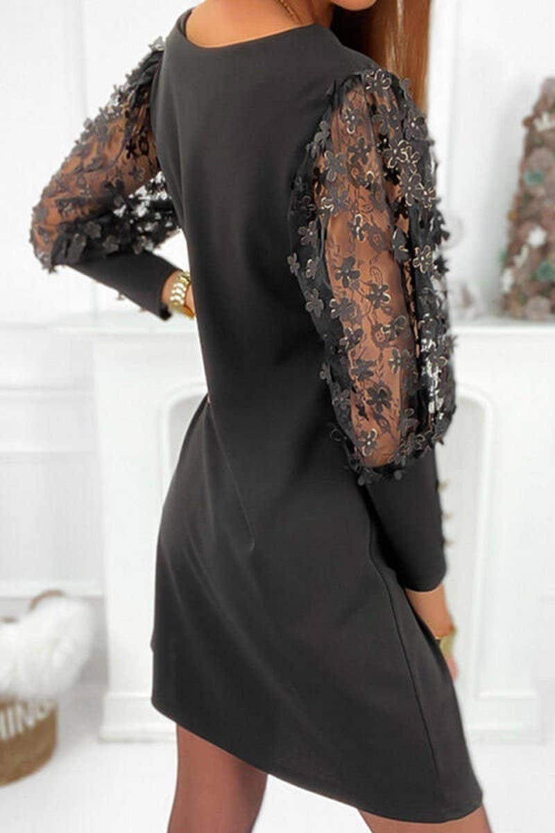 CWDSD6509_SOLID COLOR LACE HOLLOW SLEEVE MIDI DRESS