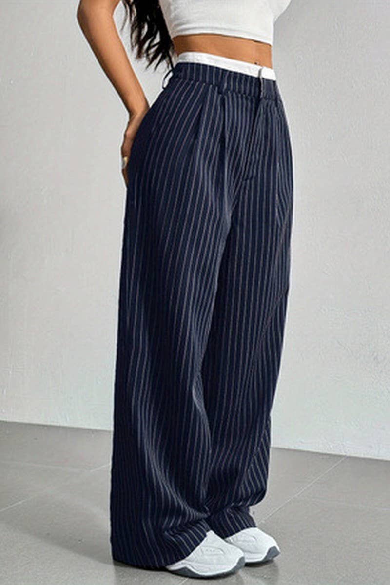 CWBLP1116_HIGH-WAISTED STRIPED LOOSE STRAIGHT-LEG TROUSERS