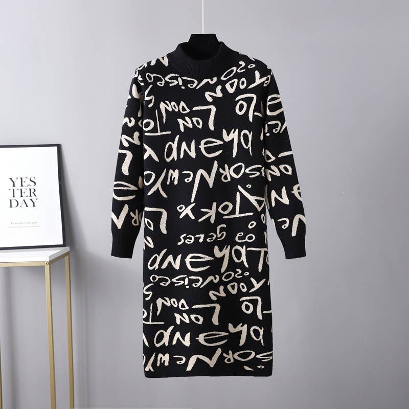 KNIT PULLOVER ALPHABET GRAFFITI WOOLEN DRESS