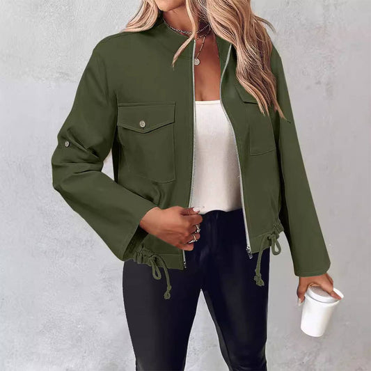 STAND-UP COLLAR DRAWSTRING ZIPPER SLIM-FIT JACKET