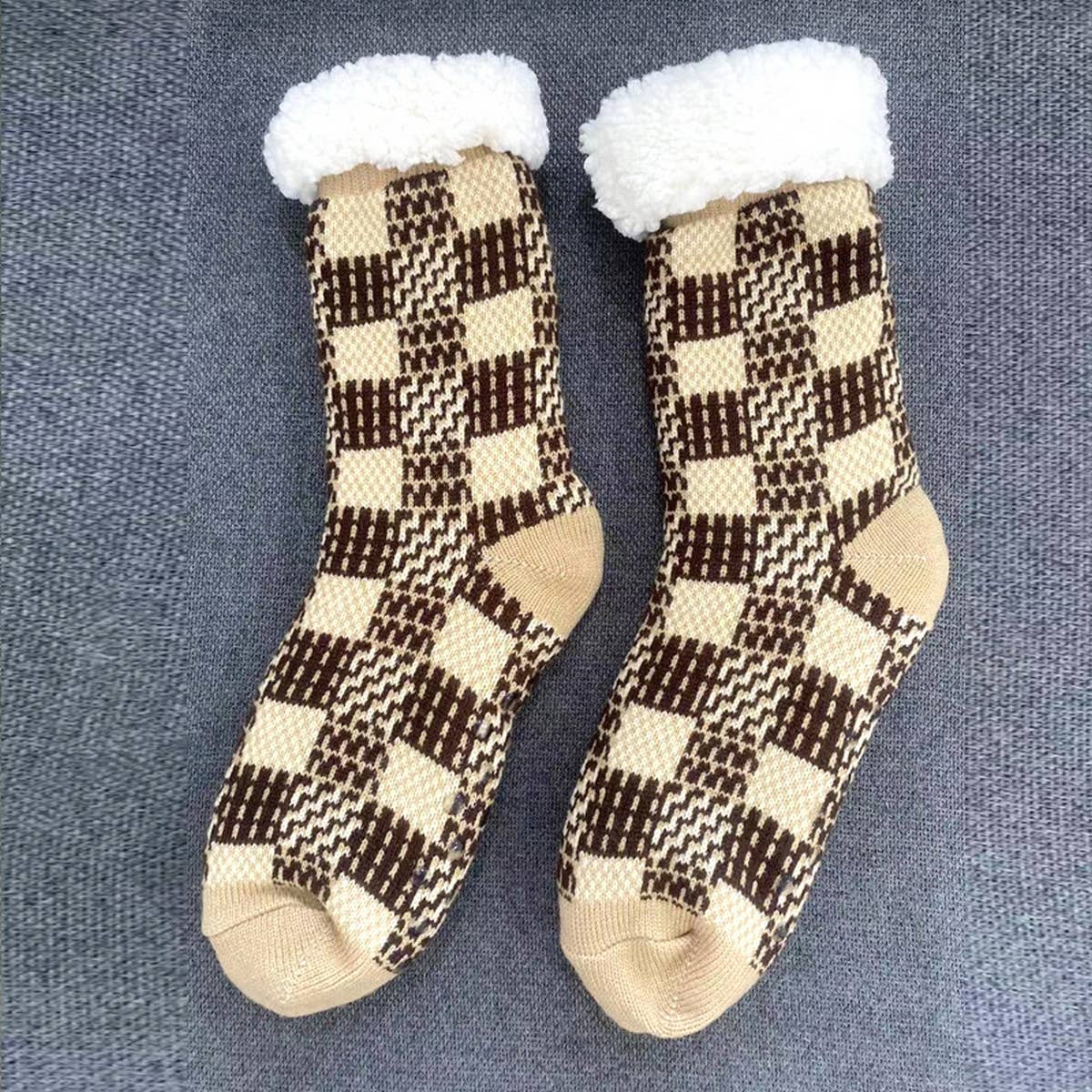 MEN KNITTED PLAID PLUSH INDOOR SLIPPERS