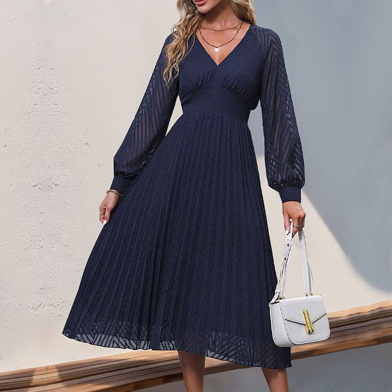 Long sleeve solid color advanced V-neck dress