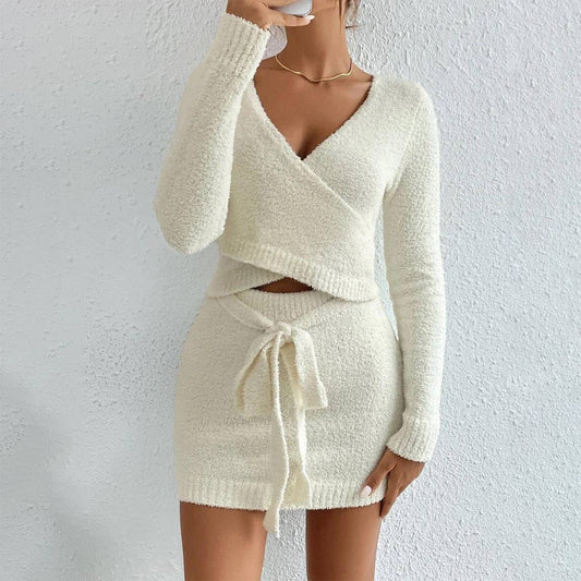 Two-piece knitted solid-color top,skirt set