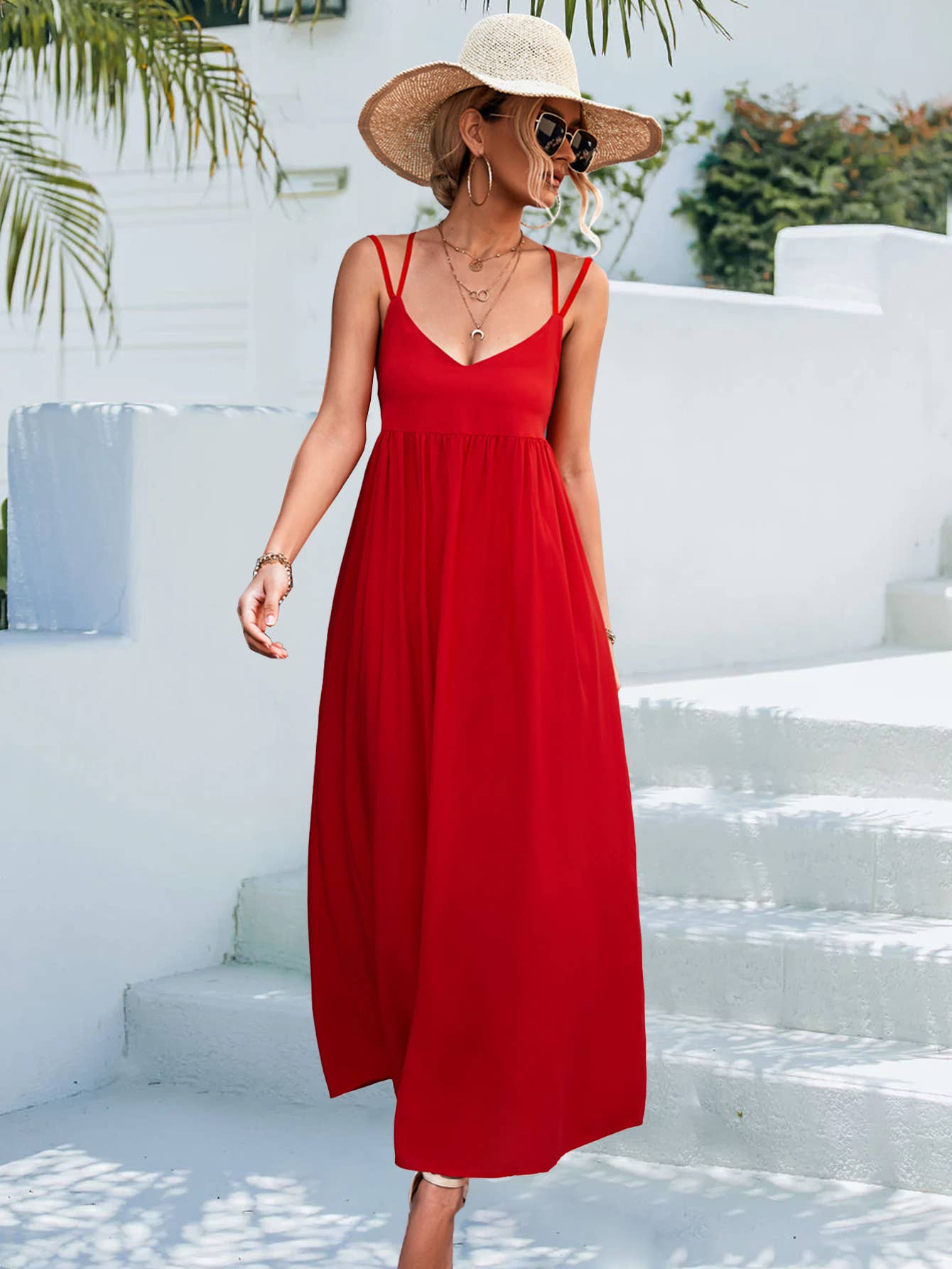 Sexy V-neck solid-color backless halter dress