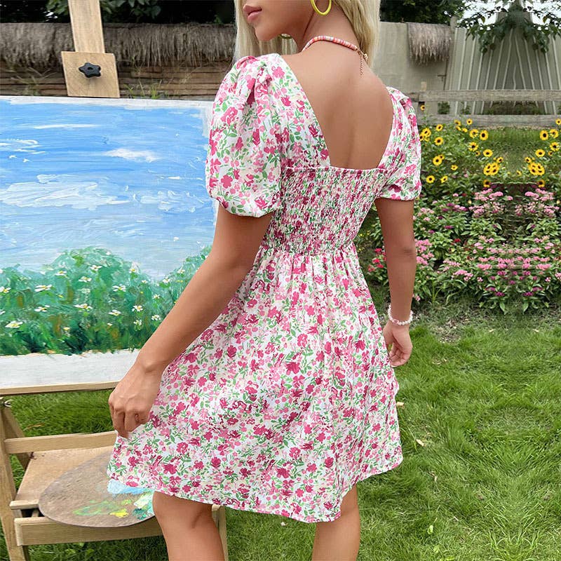 Sweet and spicy pink puff sleeve dress