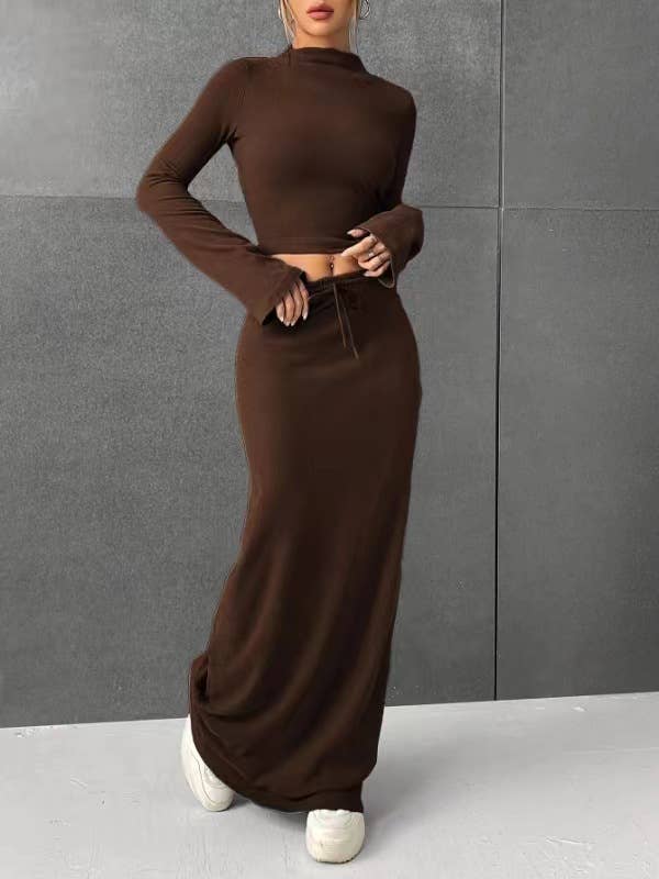 SOLID COLOR LONG SLEEVE TOP LONG SKIRT SET