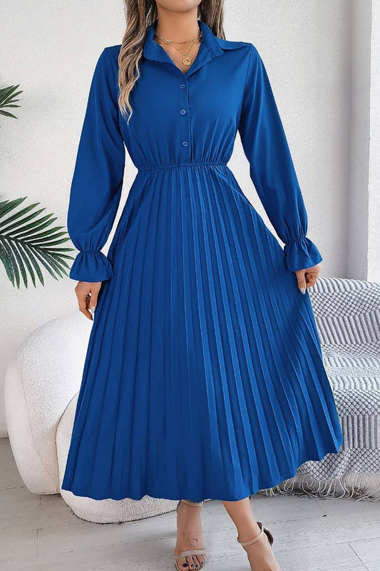 CWDMD3944_FALL PLEATED LONG-SLEEVED SHIRT-WAIST DRESS