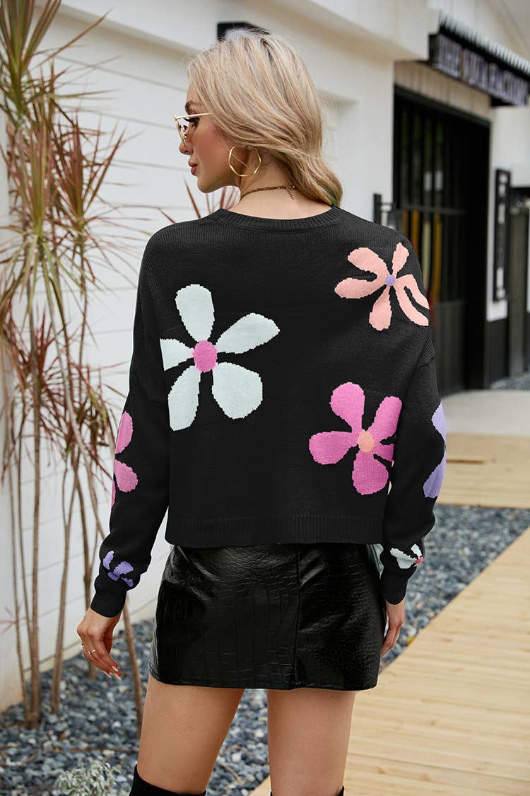 SWEET FLOWER LOOSE CREW NECK PULLOVER SWEATER