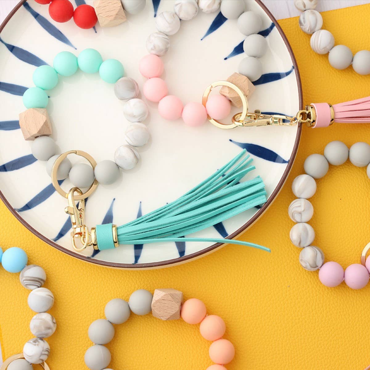 Tassel Wood & Silicone Bead Bracelet Keychain