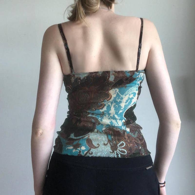 V-neck Slim Vintage print Lace Halter top