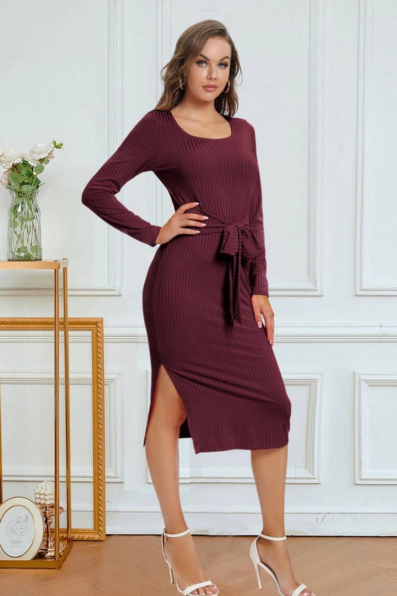 CWDMD4728_SOLID COLOR STRAPPY SLIT MID-LENGTH DRESS