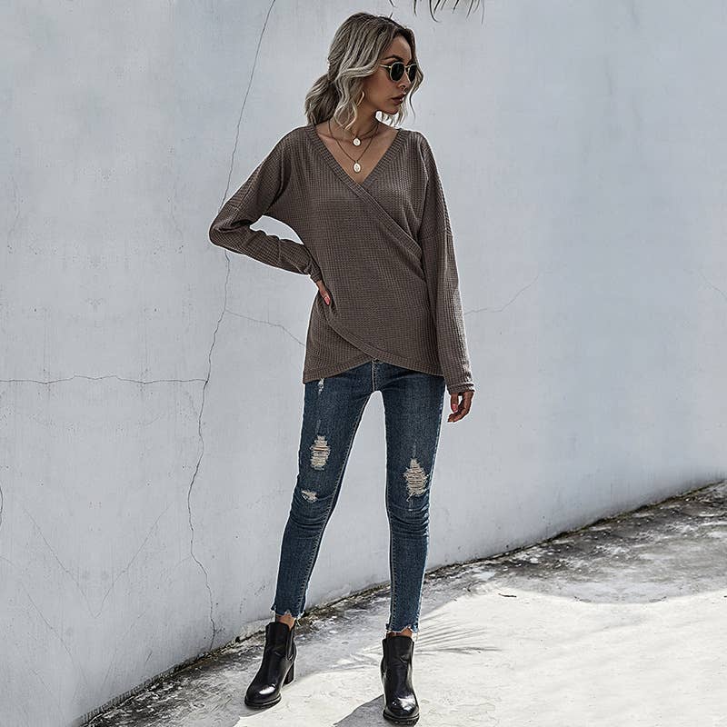 IRREGULAR LONG SLEEVE V-NECK SOLID COLOR SHIRT