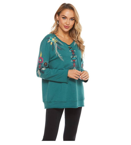 STYLISH CREW NECK PULLOVER EMBROIDERED TOP